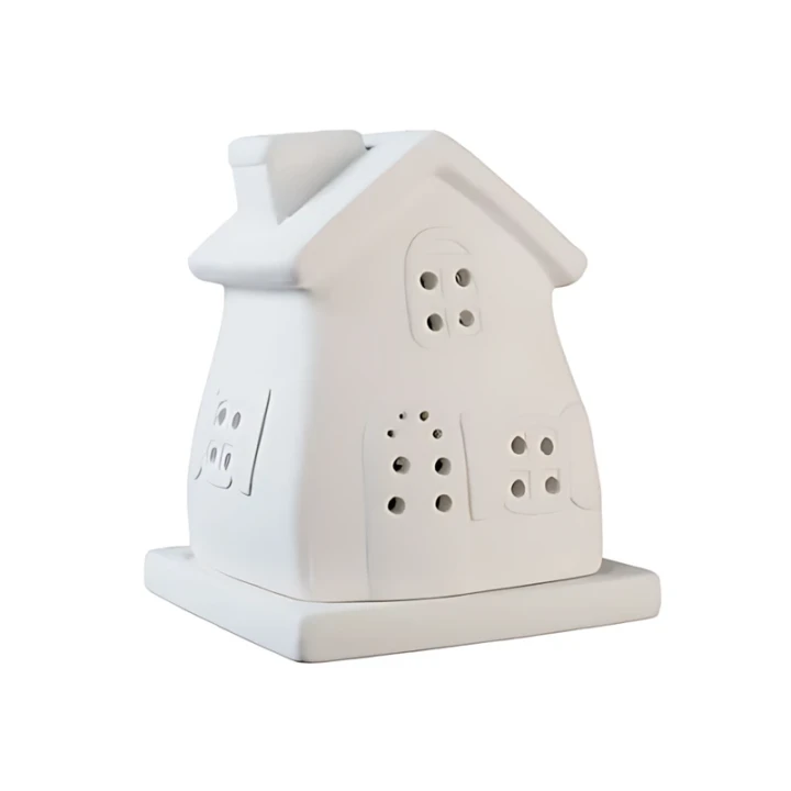 Domek biskwitowy świecznik tealight z dwuspadowym dachem i kominem