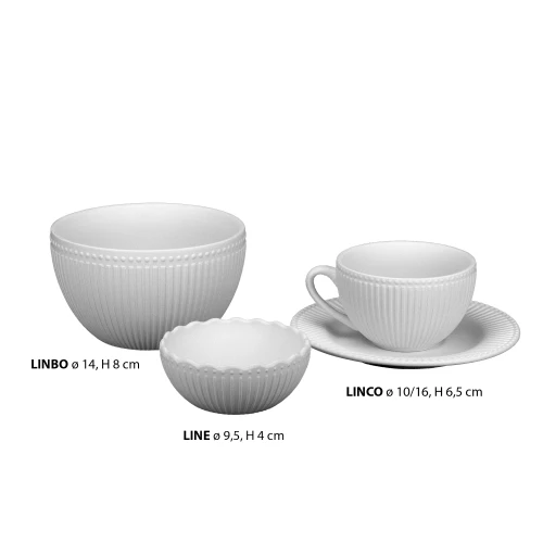 Filiżanka LINCO na tle serii Mousseline: miska LINBO i miseczka LINE